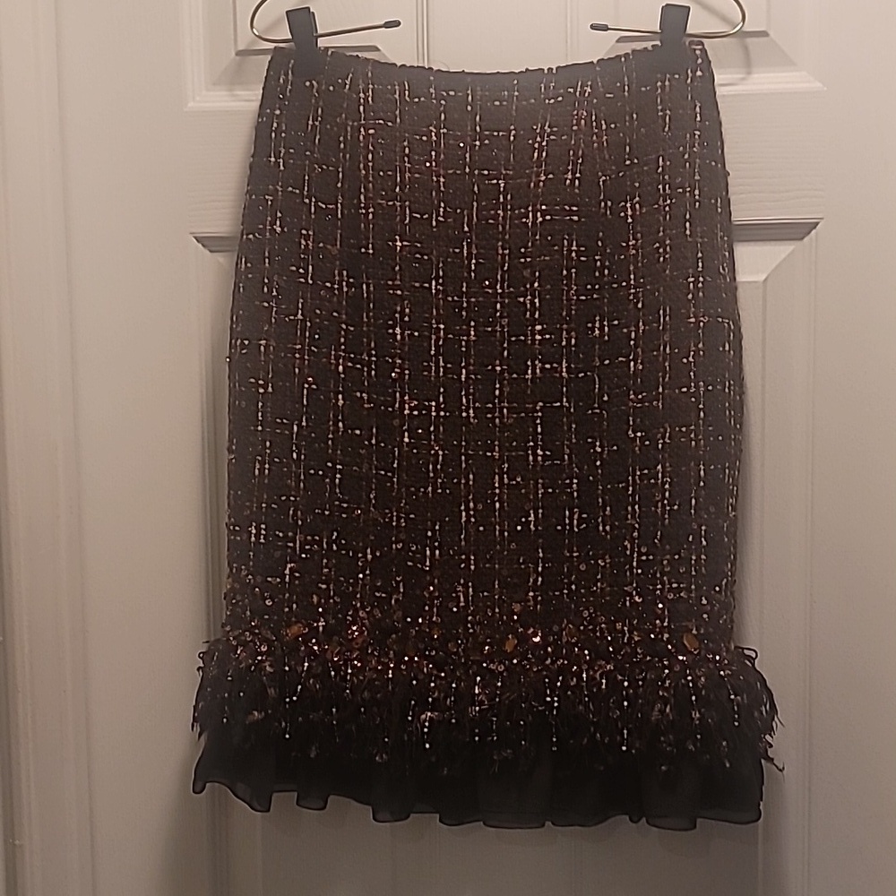 Lafayette 148 New York Tweed Wool Blend Brown Skirt With Embellished Hem Sz 2 - Picture 2 of 9